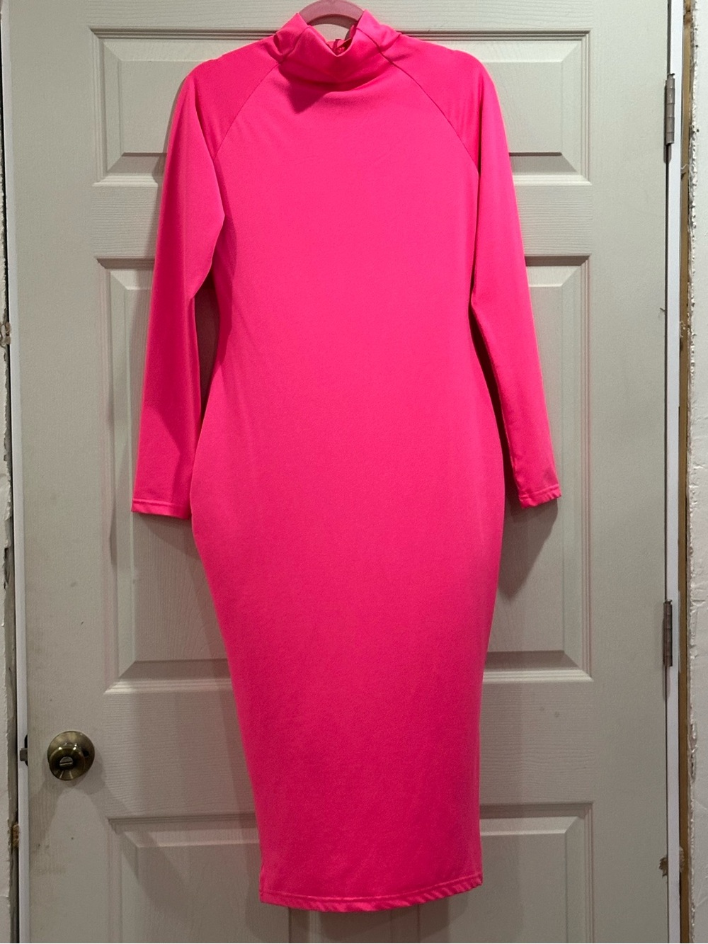Long Sleeve Mock Neck Bodycon Dress - Hot Pink